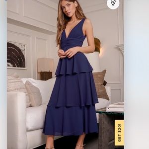 NWT Lulu’s Celebration Time Navy Blue Sleeveless Tiered Midi Dress Size Large